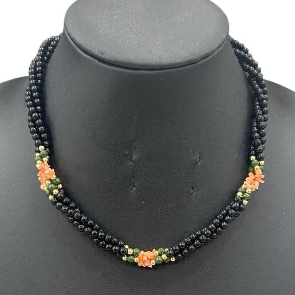 Vintage Multi-Strand Black Onyx with Coral Chips & Jade Twisted Beaded Necklace